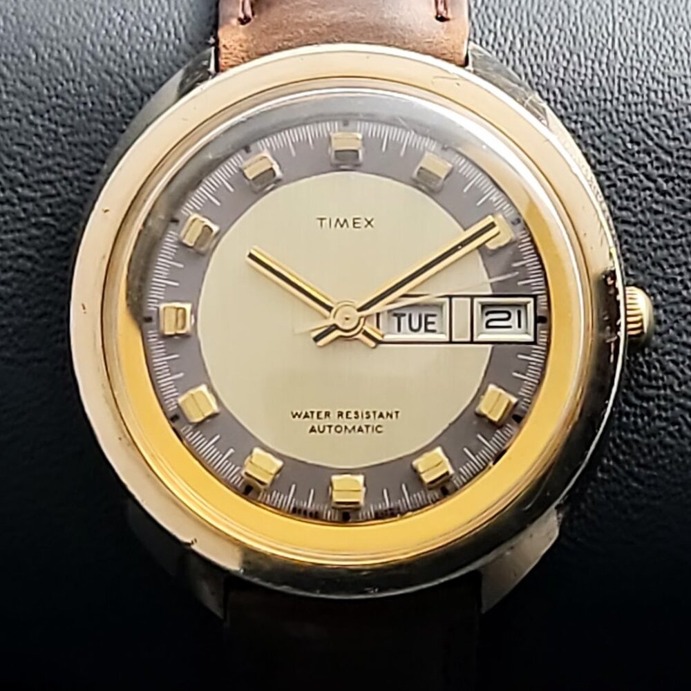 Vintage Timex Viscount Automatic Gold-Tone Men's Watch w/ New Leather Strap